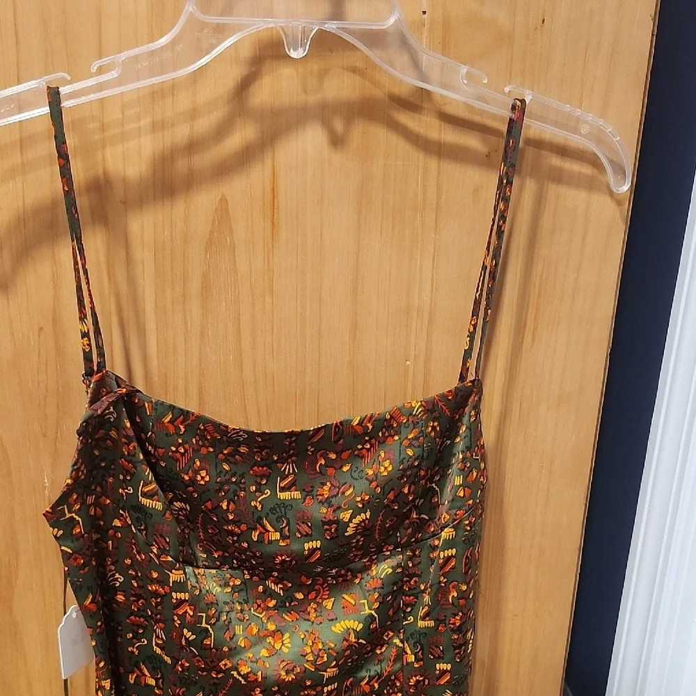 Urban Outfitters Olive Green Satin Maxi Slip Dress with Rust Floral Print - Picture 2 of 4